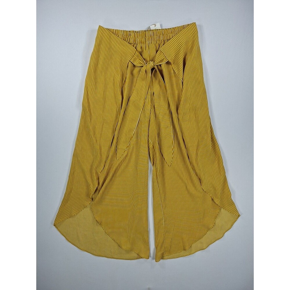 Moon River Womens L Mustard White Stripe Tie Front Harem Pants Flowy Casual NWT